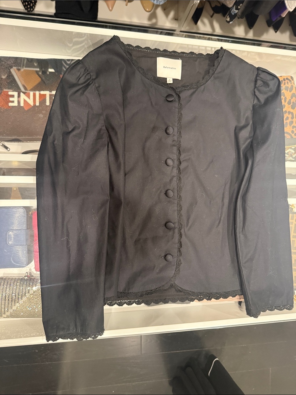 Reformation Black Lace-Trim Button Down Shirt